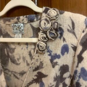 Anthropologie Wool Cardigan Cream and Blue Floral Embellished Blazer by Tabitha